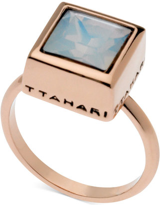 T Tahari Rose Gold-Tone White Opal Crystal Square Ring