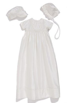 Little Things Mean a Lot Dupioni Christening Gown with Hat and Bonnet Set