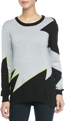 Blank Broken Zigzag Print Three-Tone Sweater, Gray/Black/Neon Yellow