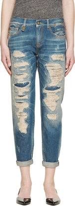 R 13 Blue Shredded Relaxed Jeans