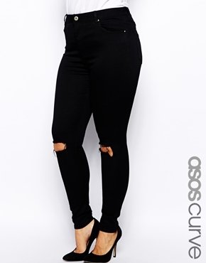 ASOS Curve CURVE Ridley Skinny Jean With Busted Knee In Black - Black