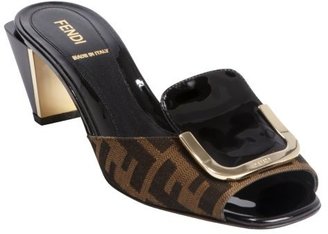 Fendi brown zucca canvas and black leather buckle detail pumps