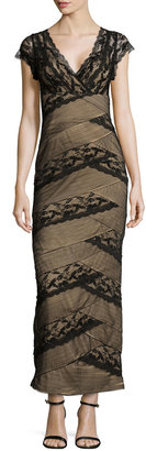 Marina Cap-Sleeve Folded Lace Gown, Black