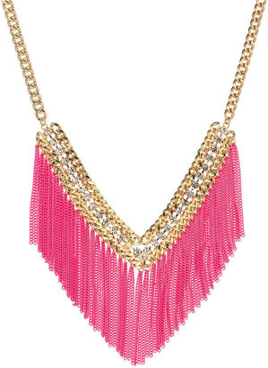 ABS by Allen Schwartz Gold-Tone Crystal Chain and Fuchsia Fringe Frontal Necklace