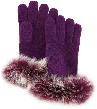Sofia Cashmere Knit Fox-Fur-Cuff Gloves, Eggplant
