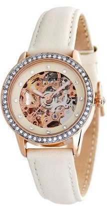 Anne Klein Women's 108816CMC Automatic Swarovski Crystal Accented Rosegold-Tone Watchwith a White Leather Strap