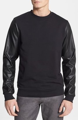 Topman Crewneck Sweatshirt with Perforated Faux Leather Sleeves