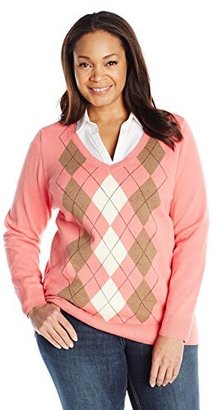 Caribbean Joe Women's Plus-Size Long-Sleeve Argyle V-Neck Sweater
