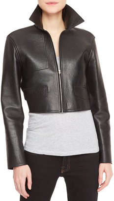 Alexander Wang Leather-Front Knit-Back Cropped Moto Jacket, Black/Gray