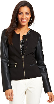 Charter Club Jacket, Faux-Leather-Sleeve Zippered