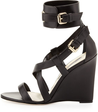 Brian Atwood Wedge Sandal with Ankle Wrap, Black