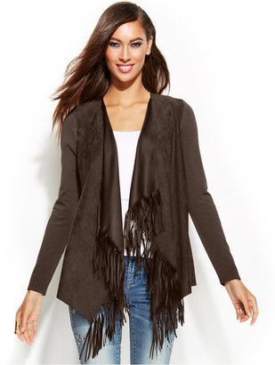 INC International Concepts Fringed Open-Front Mixed-Media Sweater