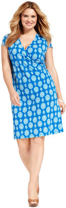 Jones New York Signature Plus Size Cap-Sleeve Printed Faux-Wrap Dress
