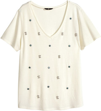 H&M Beaded Jersey Top - Natural white - Ladies