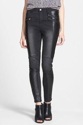 THIS CITY Quilted Faux Leather Panel High Waist Skinny Jeans (Black) (Juniors)