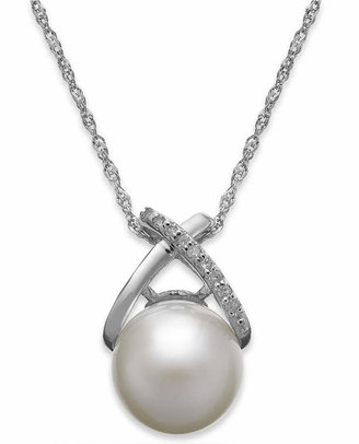 Macy's Cultured Freshwater Pearl (9mm) and Diamond Accent Cross Pendant Necklace in 14k White Gold