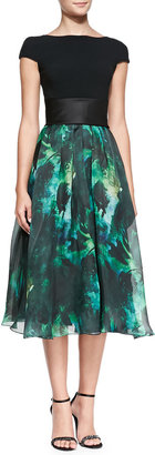 Theia Cap-Sleeve Floral-Skirt Cocktail Dress