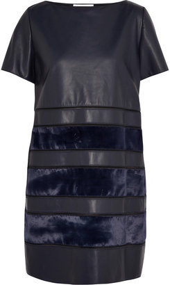 Vionnet Paneled leather, suede and silk-chiffon mini dress