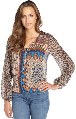 Blue Plate brown and blue multi print v-neck blouse