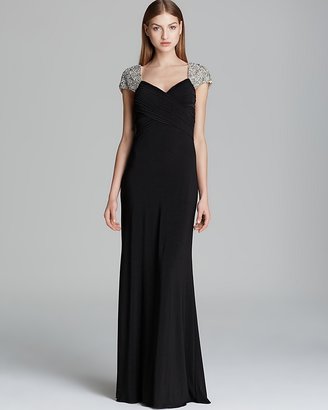 JS Collections Beaded Cap Sleeve Jersey Gown