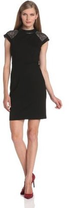 Magaschoni Women's Short-Sleeve Ponte Dress with Leather Trim