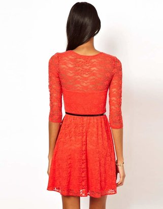 ASOS Skater Dress In Lace with 3/4 Sleeves And Belt