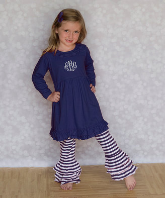 Princess Linens Navy Monogram Dress & Ruffle Pants - Infant, Toddler & Girls