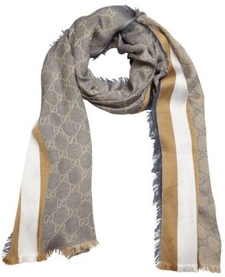 Gucci grey double G print and stripe silk-cotton scarf
