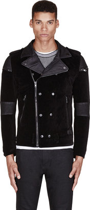 Diesel Black Velveteen & Leather Noklang Biker Jacket