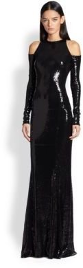 Donna Karan Cold-Shoulder Open-Back Sequin Gown