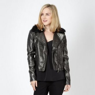 Lipsy Black metallic faux fur collar biker jacket