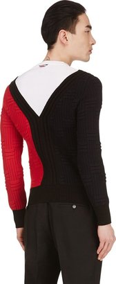 Moncler Gamme Bleu Navy & Red Colorblock Textured Knit Sweater