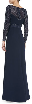 Monique Lhuillier ML Long-Sleeve Ponte Gown with Sequined Detail