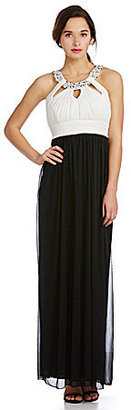 Jodi Kristopher Beaded Cutout-Neckline Gown