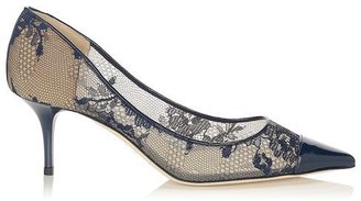 Jimmy Choo Anvil Navy Lace and Patent Pointy Toe Pumps