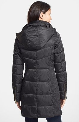 GUESS Faux Leather Trim Hooded Quilted Walking Coat (Online Only)