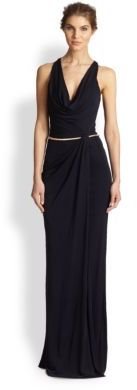 David Meister Belted Cowl-Neck Gown