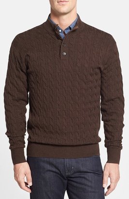 Peter Millar Cable Knit Henley Sweater with Suede Trim