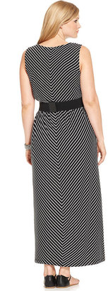 Alfani Plus Size Sleeveless Striped Belted Maxi Dress
