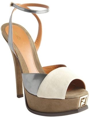Fendi green, silver and gray suede and patent leather two-tone sandals