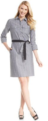 Jones New York Signature Three-Quarter-Sleeve Striped Polka-Dot Belt Shirtdress