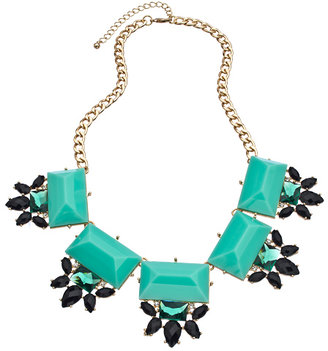 Blu Bijoux Gold with Black and Green Crystal Flowers and Green Cushion Stones Bib Necklace
