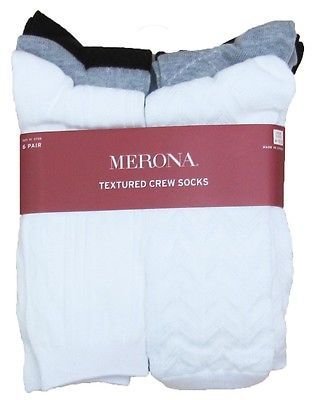 Merona 6-Pack Textured Crew Socks Ladies Womens Shoe 4-10.5 White/Gray/Bla ck NWT