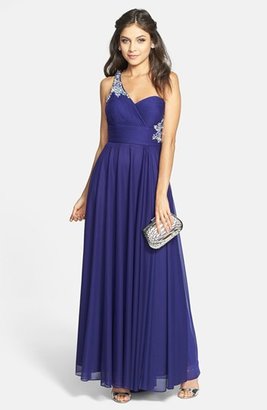 Xscape Evenings Embellished One-Shoulder Jersey Gown