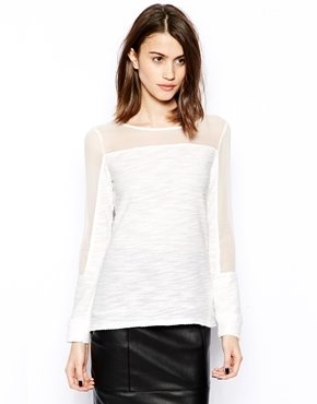 Aryn K Fine Knit Top with Contrast Woven Panels - White
