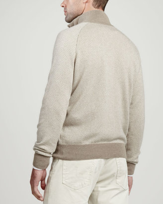 Neiman Marcus 1/4-Zip Herringbone Pullover Sweater, Beige