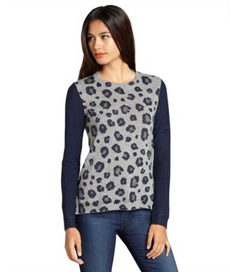Rebecca Taylor heather and navy leopard print wool blended raglan sleeve sweater