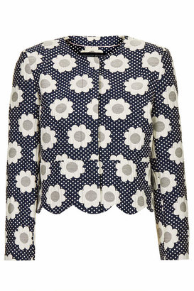 Topshop Petite flower jacquard crop jacket with scallop hem detail. co-ords to skirt. 48% cotton, 28% polyester, 24% polyamide. machine washable.