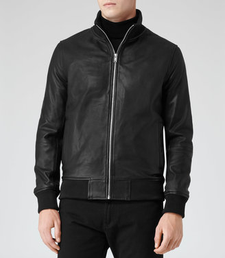 Reiss Knowles LEATHER BOMBER JACKET BLACK