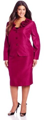 Le Suit Women's Plus-Size  Ruffle Collar Jacket with Skirt and Flower Pin Suit Set